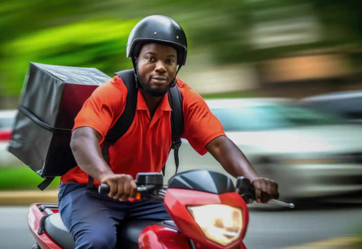 Livreur Speady en moto, casque et sac de livraison